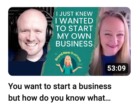 Podcast thumbnail with a smiling man wearing headphones and a woman beside a green book cover about starting a business duration 5309