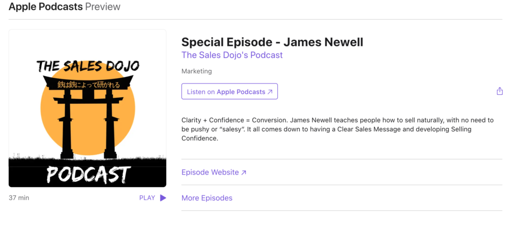 Podcast episode card for the sales dojo special episode   james newell artwork shows orange sun and black torii gates with the word podcast below