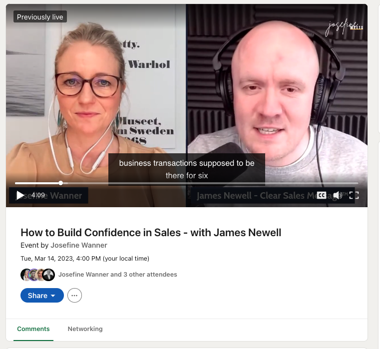 Split screen interview thumbnail left panel shows a woman with glasses and a headset right panel shows a bald man with headphones speaking into a mic livestream badge reads previously live in the corner