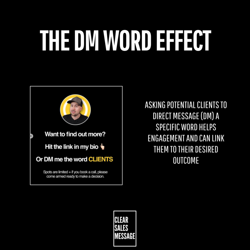 The dm word effect Slide title the dm word effect left image shows a person promo card with want to find out more Hit the link in my bio or dm me the word clients explanation text on right about dm word boosts engagement