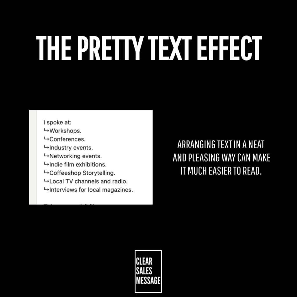 The pretty text effect Bold white title the pretty text effect on a black background with a sample bulleted list and a right side tip about arranging text for readability a small clear sales message logo is near the bottom