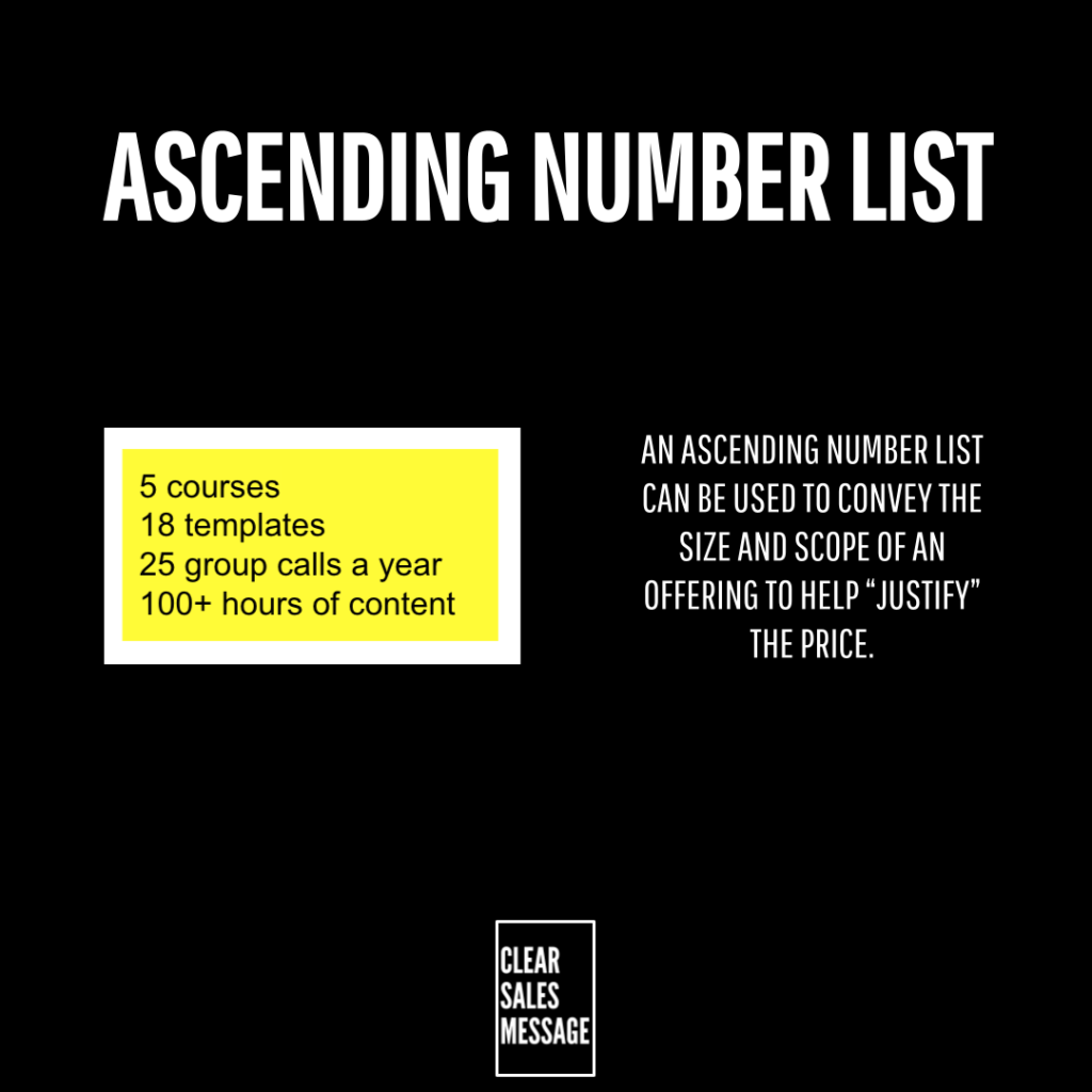Slide titled ascending number list showing a yellow box with 5 courses 18 templates 25 group calls a year 100+ hours of content right side explains using ascending lists to justify price