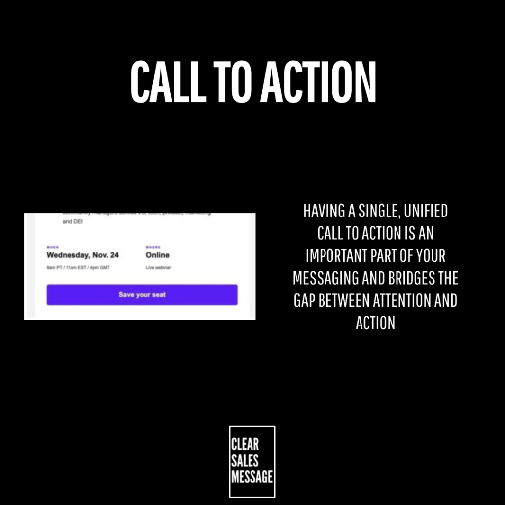 Black slide with a bold call to action title left shows a screenshot right shows white text about a unified call to action bottom center logo clear sales message