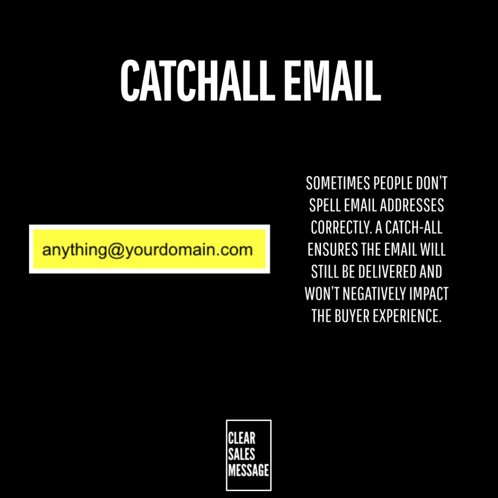 Catchall email Black slide with large catchall email title a yellow highlighted email address anythingyourdomain Com and a right side explanatory paragraph logo bottom center
