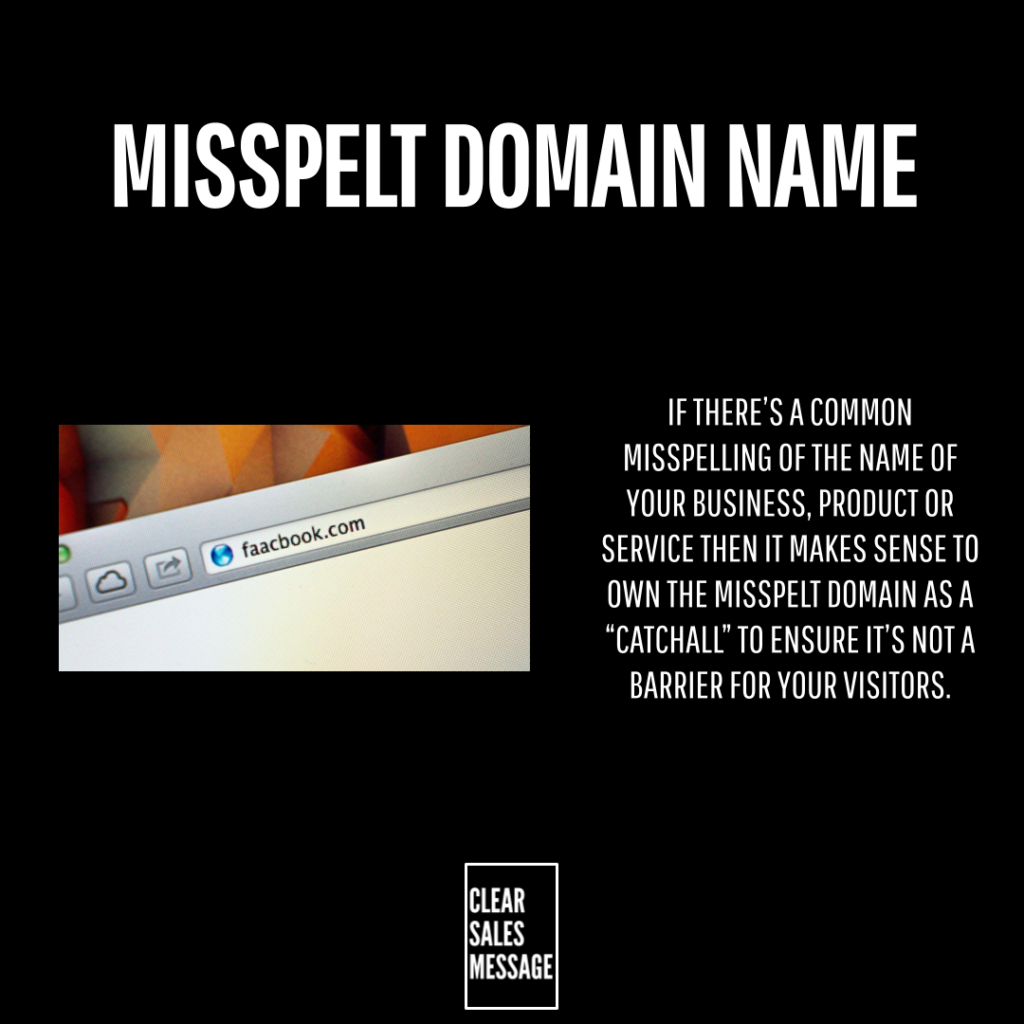 Misspelt domain name Black marketing graphic about misspelling a domain name left shows a browser window right explains using misspellings as a catchall