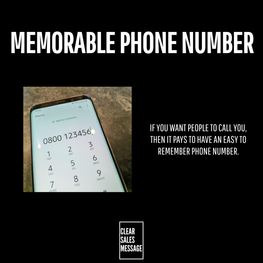Memorable phone number Black slide with the headline memorable phone number left smartphone shows a dial pad with 0800 123456 right tip about easy to remember numbers bottom logo clear sales message