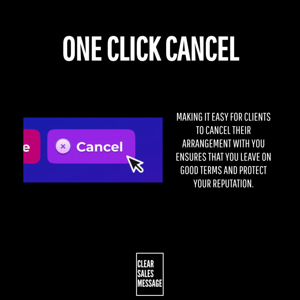 Banner with one click cancel headline on black background left shows a cancel button image right explains easy client cancellations to protect reputation clear sales message logo at bottom