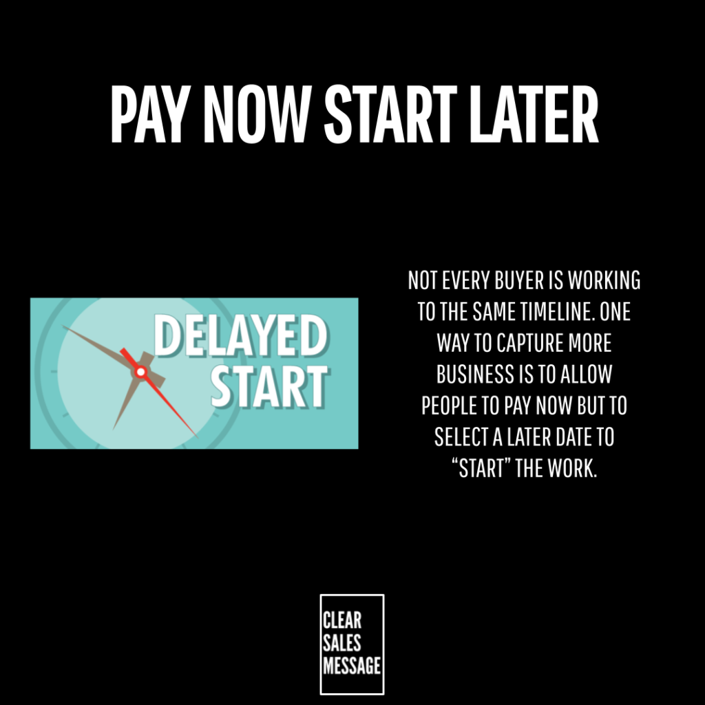 Pay now start later effect Marketing slide about delaying start dates left graphic shows a clock with the words delayed start right column contains an explanatory paragraph bottom center shows a clear sales message logo