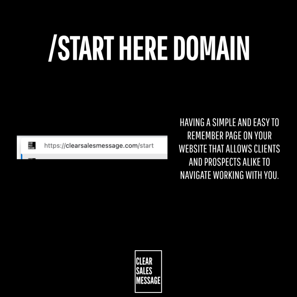 Promotional graphic bold white text start here domain on black background with a right side paragraph about a simple memorable web page and a small browser url strip image logo at bottom