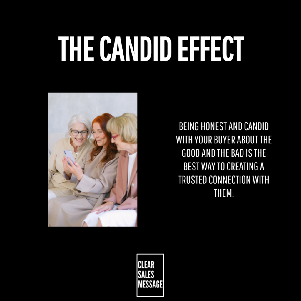 The candid effect Black promotional graphic titled the candid effect with three women viewing a smartphone on the left and a candid communication quote on the right logo bottom