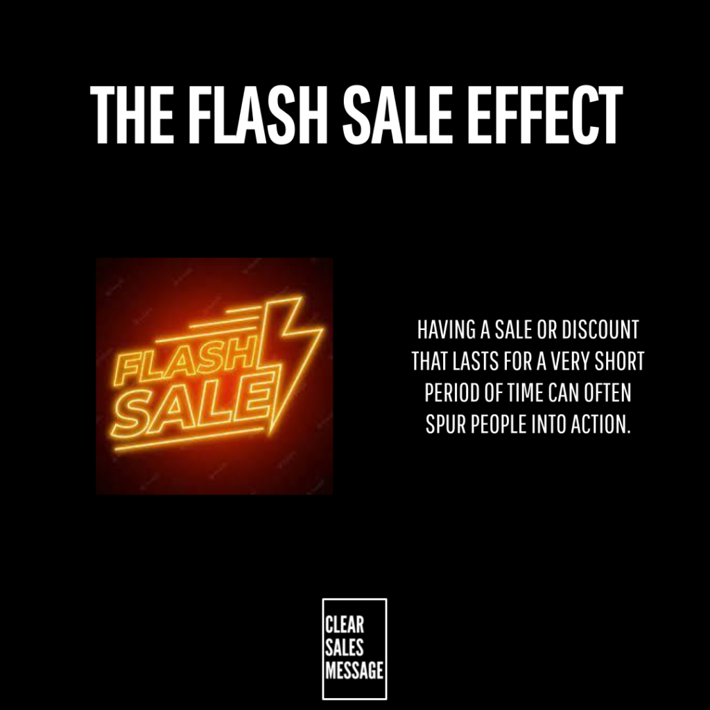 Black promotional banner with title the flash sale effect neon flash sale graphic left explanatory text on the right and a small clear sales message logo at the bottom