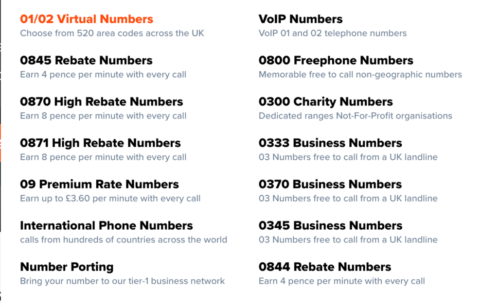 Screenshot 2023 06 19 at 11 55 14 Two column directory of uk numbers left shows 0102 virtual numbers right shows voip freephone and business numbers with brief descriptions