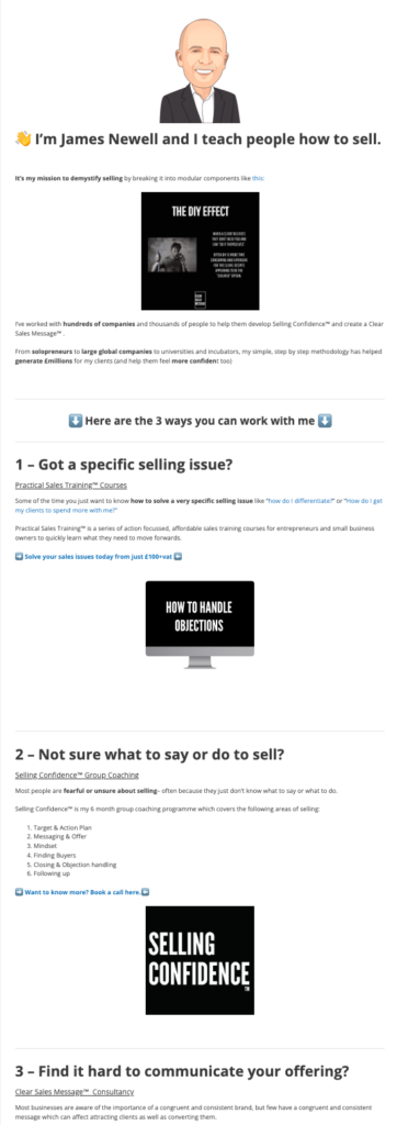 Screenshot 2023 06 19 at 11 52 07 Cartoon avatar of a smiling bald man in a dark suit above the heading im james newell and i teach people how to sell