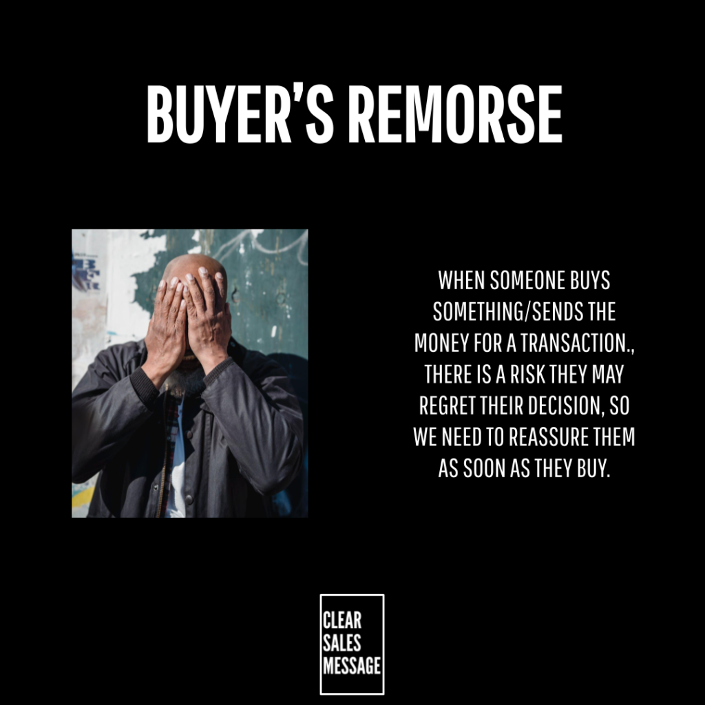 Bold buyers remorse title on black background left a man covering his face right a paragraph about buyers remorse small clear sales message logo at bottom