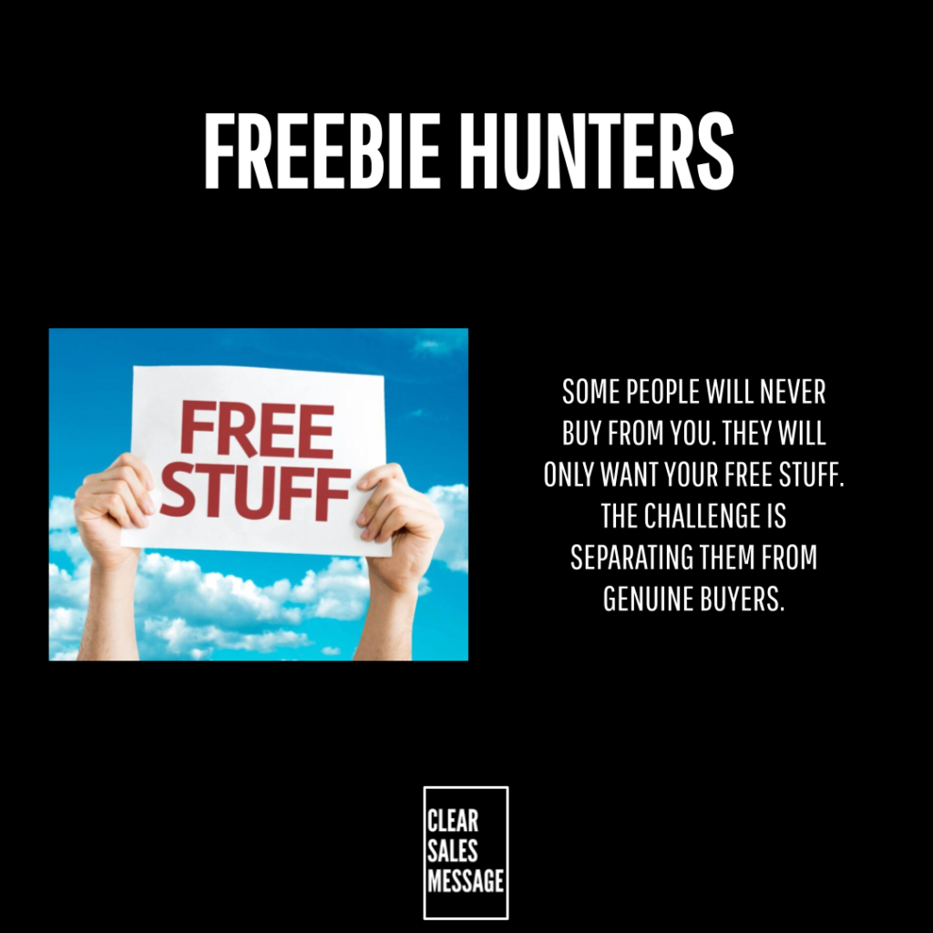 Freebie hunters 1 Hero image with the title freebie hunters left photo shows hands holding a free stuff sign against a blue sky right a quote about free stuff and genuine buyers bottom logo clear sales message
