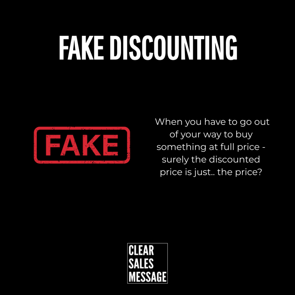 Fake discounting Black poster warning about fake discounting large fake discounting text with a red fake stamp on the left and a right aligned explanatory question plus a clear sales message logo at the bottom