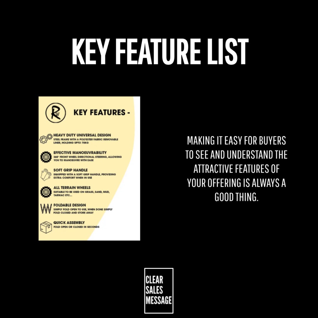 Slide titled key feature list on a black background left shows a yellow key features infographic right a paragraph about making features easy to see for buyers