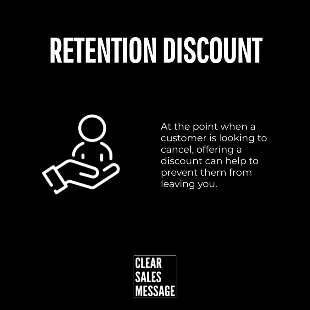 Retention discount Bold retention discount headline with white icon of a hand offering a person and accompanying text about using a discount to prevent churn brand mark at bottom