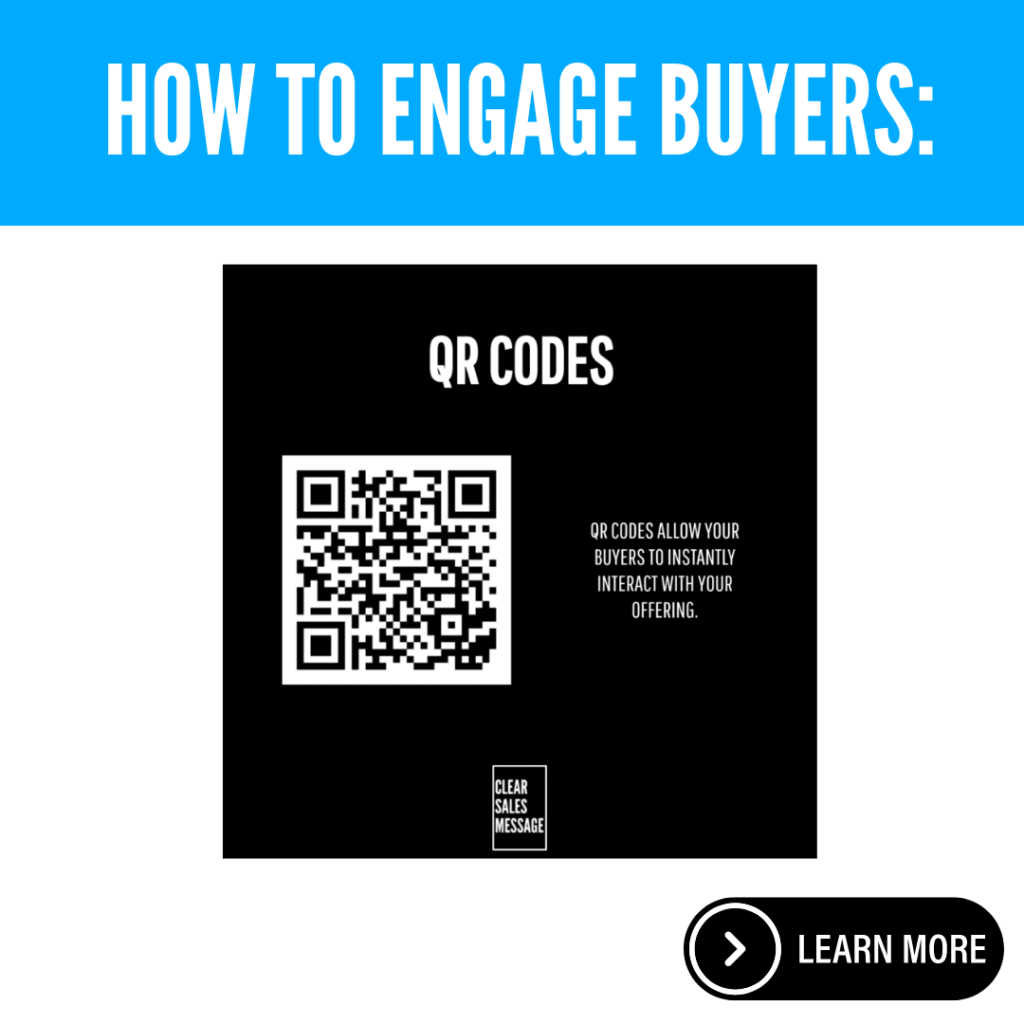 S8 Blue banner reads how to engage buyers over a black infographic showing a qr code with the caption qr codes and explanatory text includes a learn more button