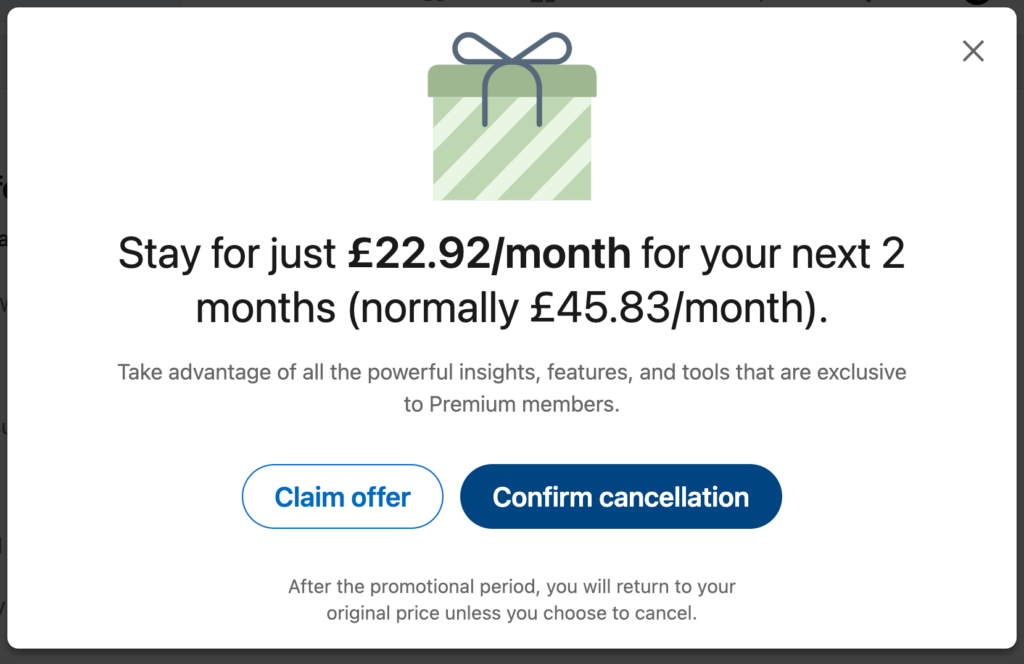 Screenshot 2023 07 18 at 09 46 56 Promotional modal with a gift icon describing a two month offer £22 92month and two actions claim offer and confirm cancellation