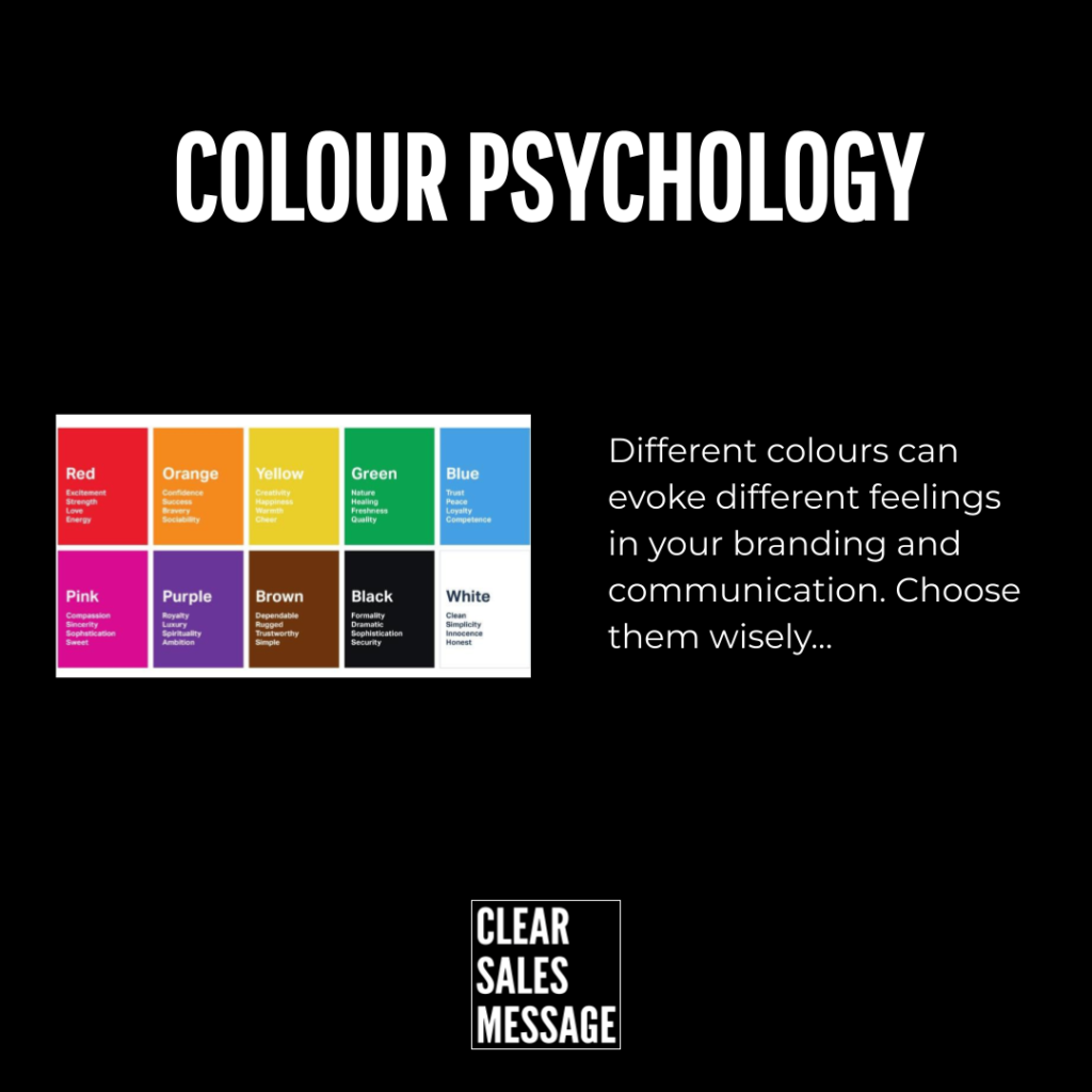 Black background infographic titled colour psychology with a color swatch grid and branding tip includes clear sales message logo at bottom