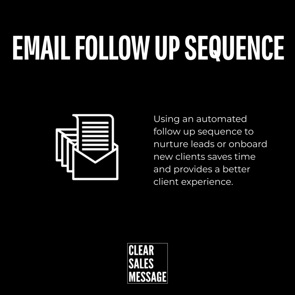 Slide about an email follow up sequence left shows envelope stack icon right describes automated follow ups saving time and improving client experience bottom logo says clear sales message