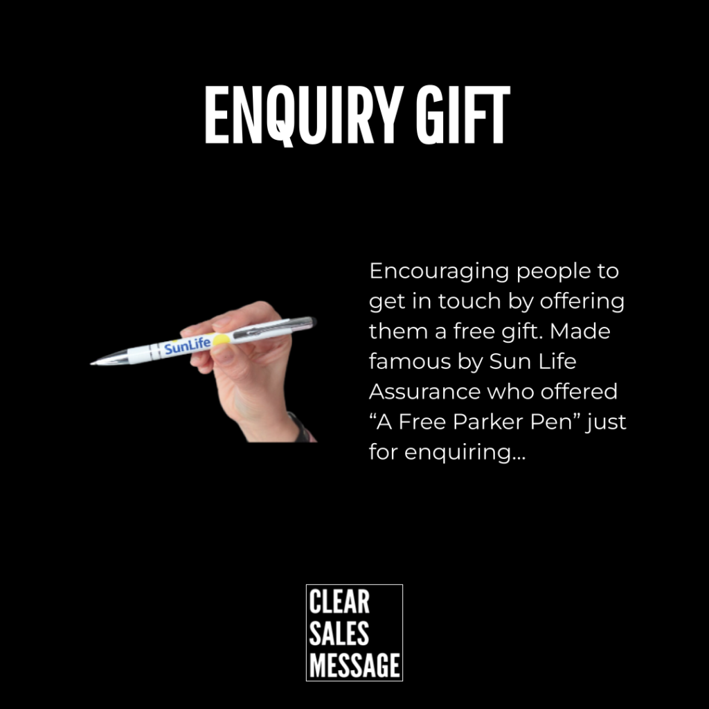 Black promotional ad with enquiry gift headline left shows a hand holding a sun life pen right side text explains a free parker pen offer bottom clear sales message logo