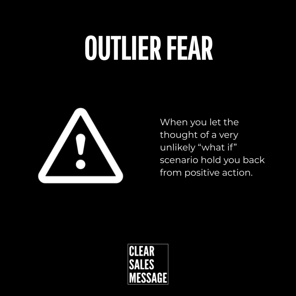 Outlier fear Black poster reading outlier fear with a white warning triangle and a message about not letting unlikely what if thoughts block action clear sales message logo at bottom