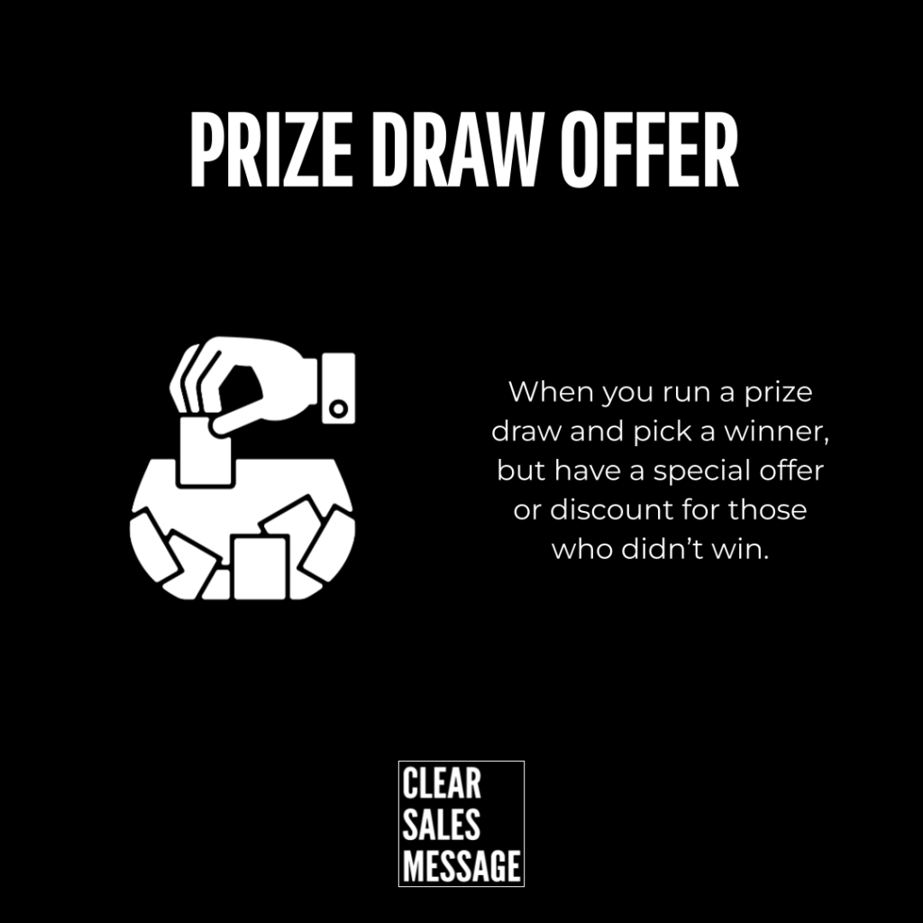 Prize draw offer Banner reading prize draw offer with a hand dropping a card into a prize pot and copy about a winner and offers for non winners
