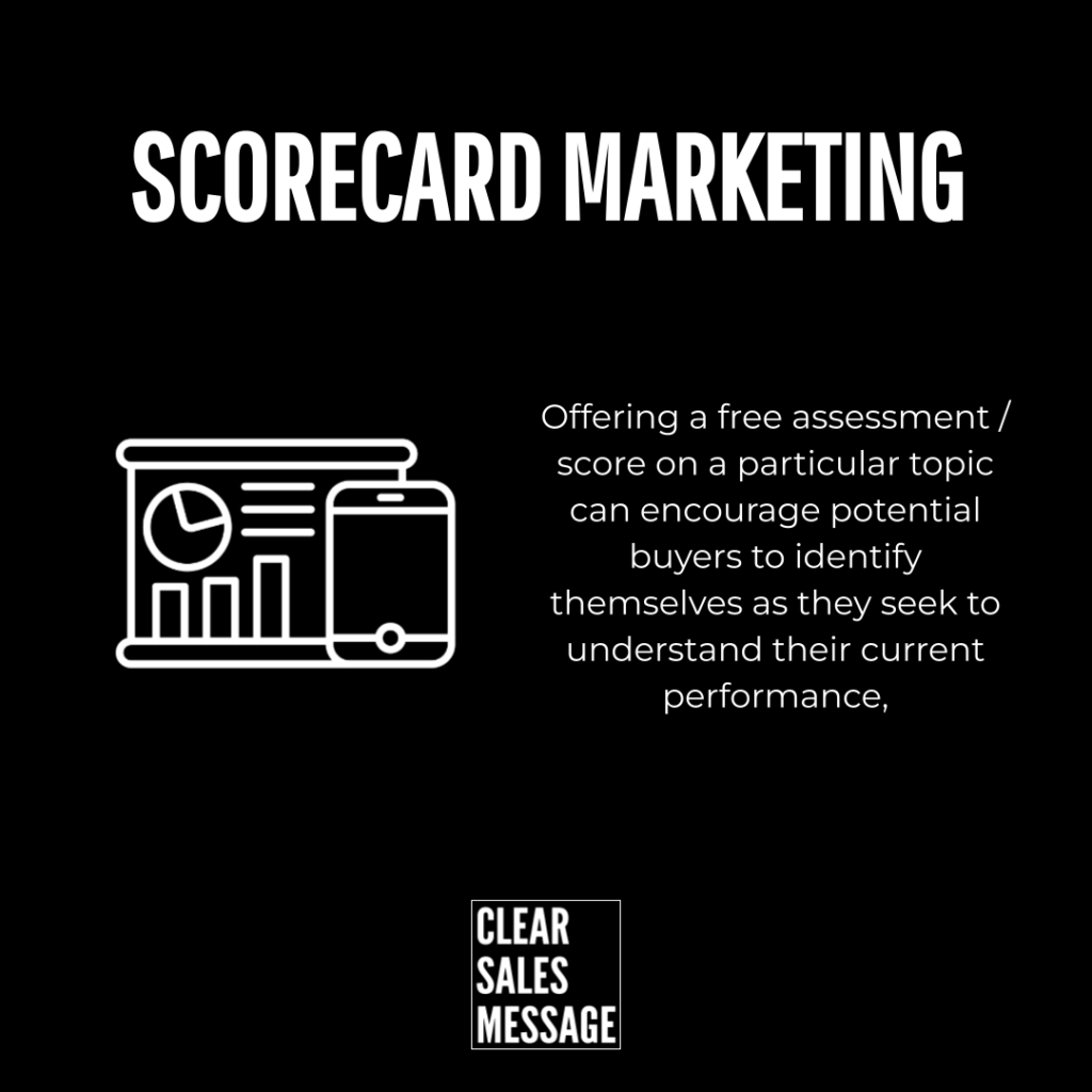 Scorecard marketing Black marketing hero with scorecard marketing title left white chartphone icon right text about a free assessment bottom clear sales message logo