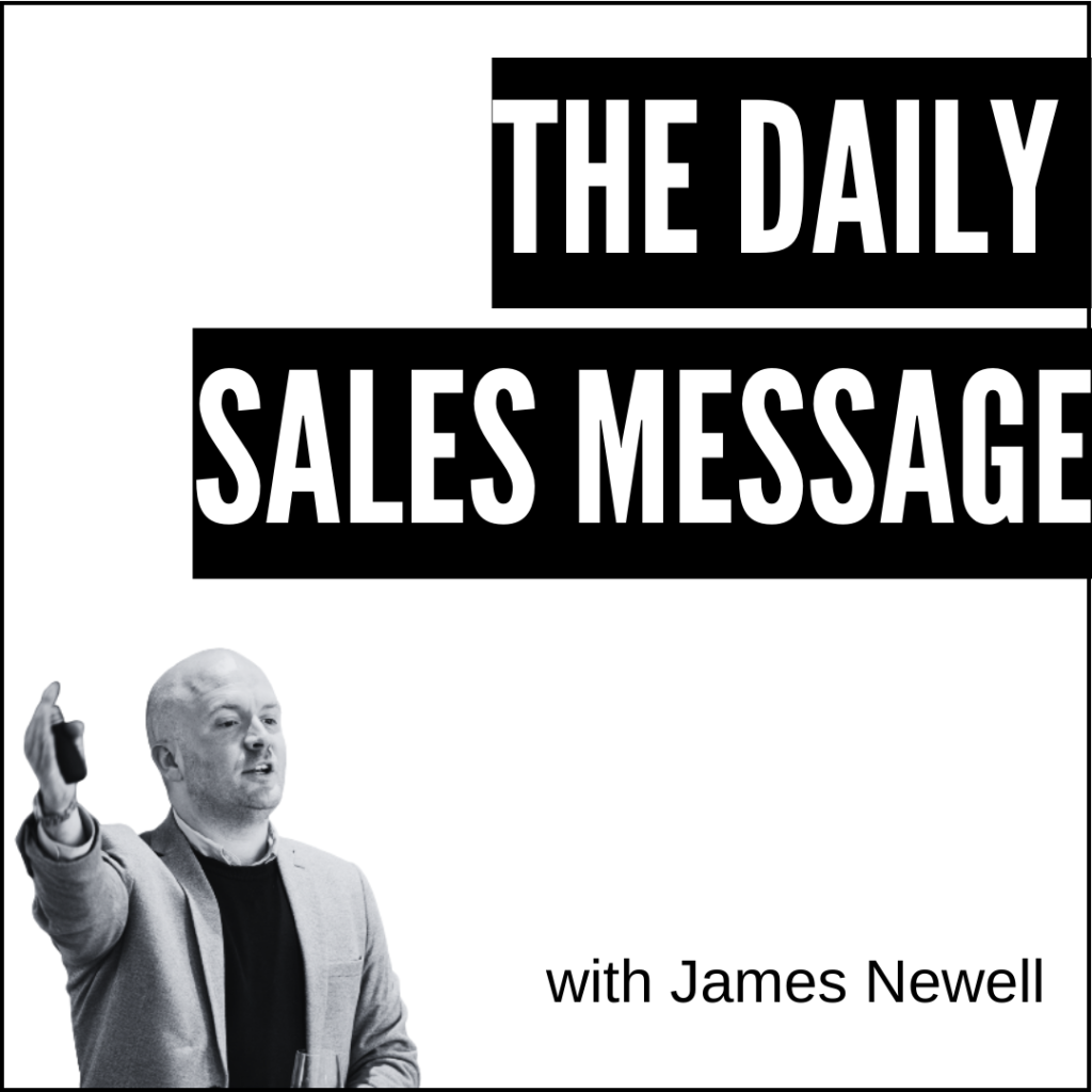 Cover artwork for the daily sales message with bold black title blocks and a black and white photo of a man in a blazer caption with james newell