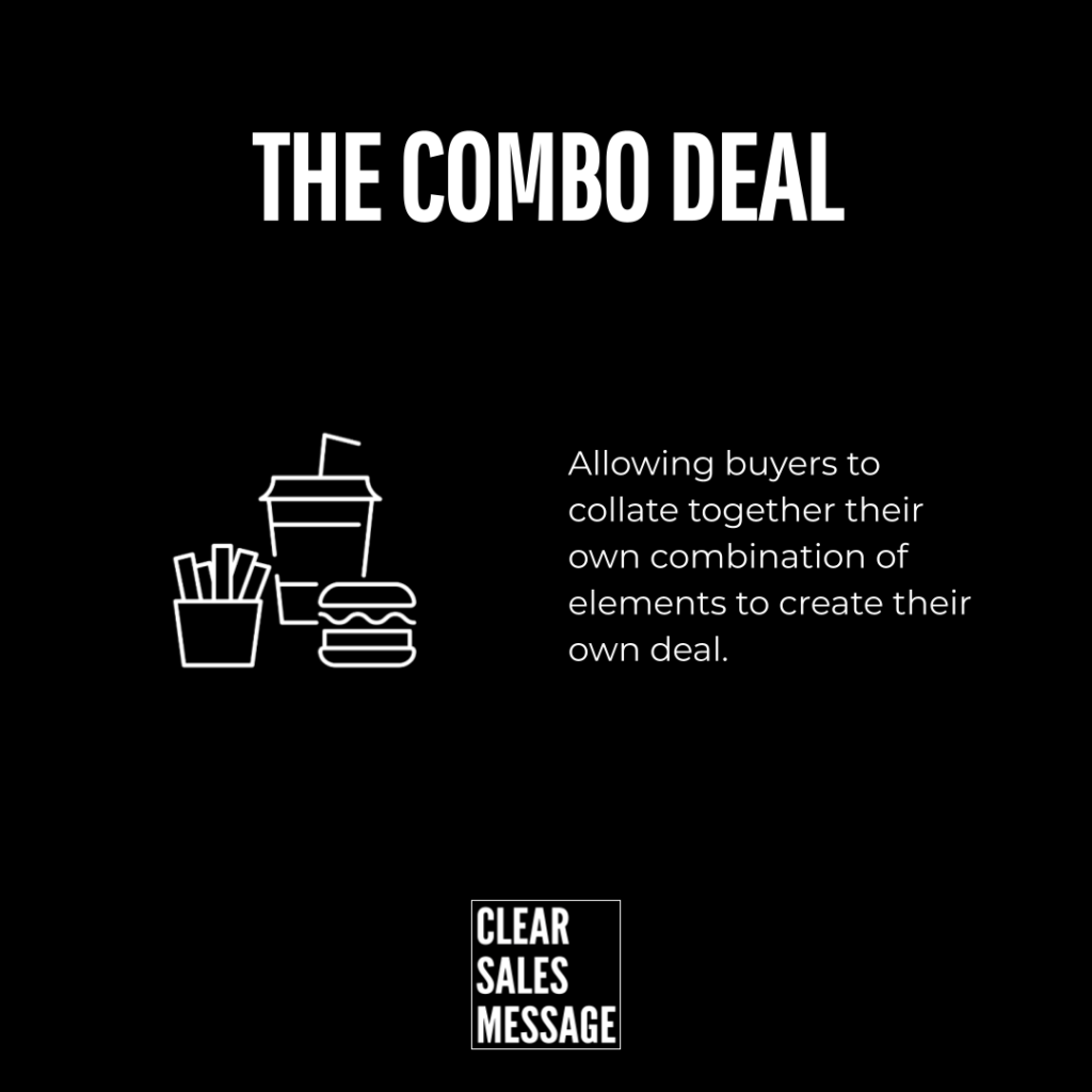 The combo deal Hero banner reading the combo deal with white outlined fast food icons fries drink burger on the left and explanatory text on the right against a black background with the clear sales message logo below
