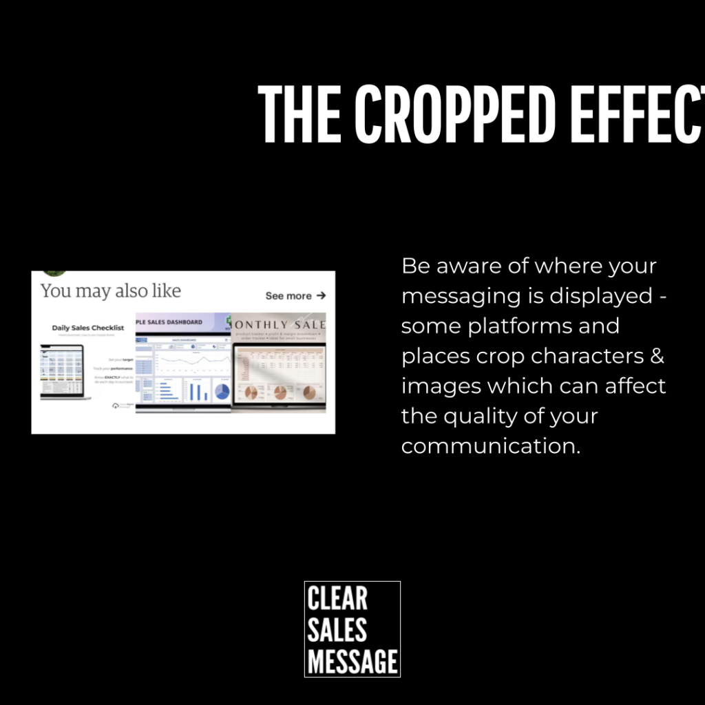 The cropped effect Black poster like image with the title the cropped effect in large white letters left shows a you may also like screenshot collage right a paragraph warning about cropped messaging bottom center logo clear sales message
