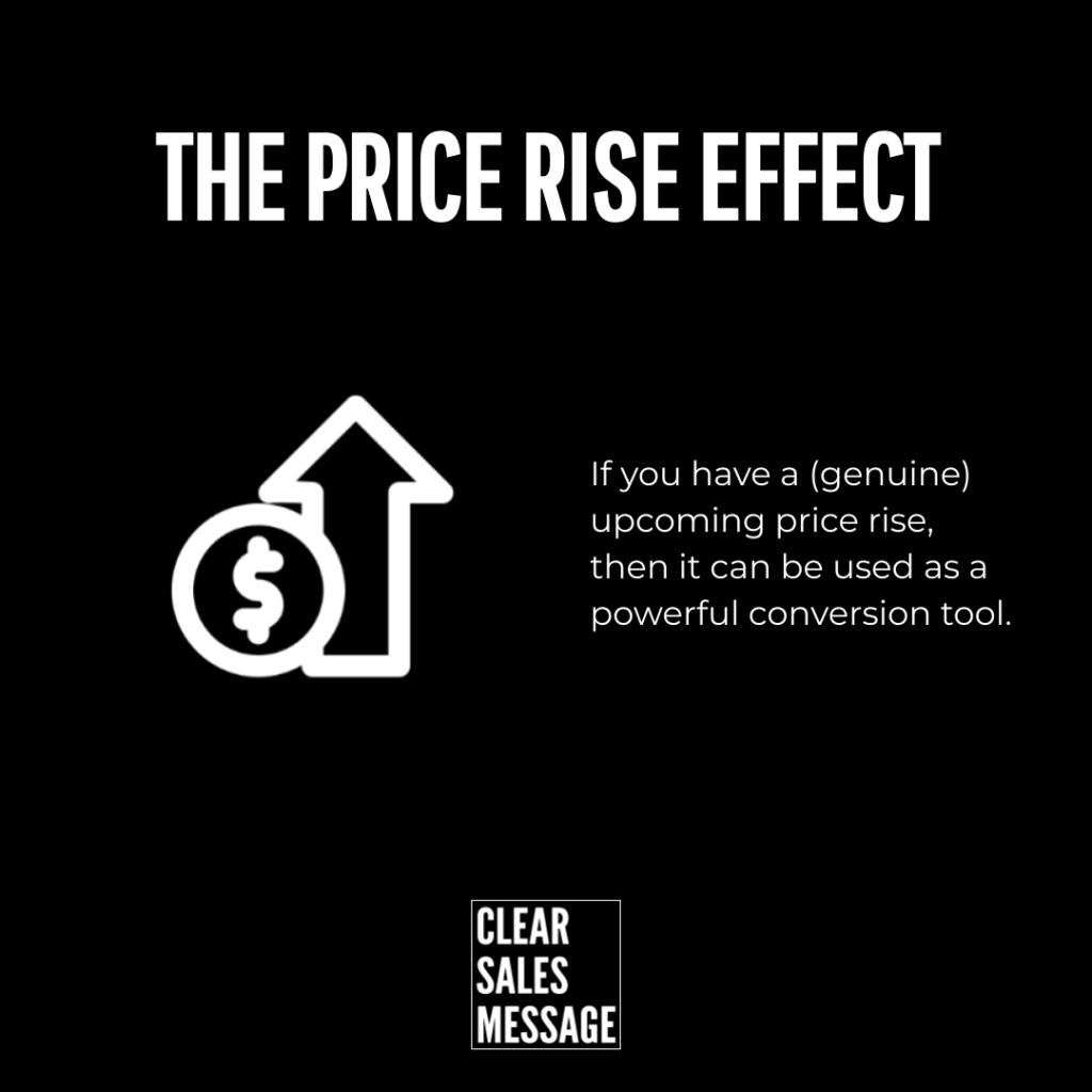 The price rise effect Poster titled the price rise effect with a white dollar icon and upward arrow on the left and a right aligned explanatory blurb about using price rises for conversions bottom logo clear sales message