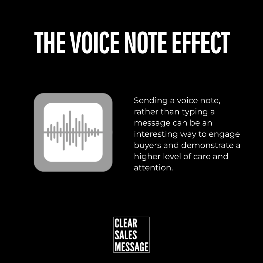 Graphic titled the voice note effect with a gray app icon showing a waveform and a text block about voice notes engaging buyers plus a clear sales message logo at the bottom