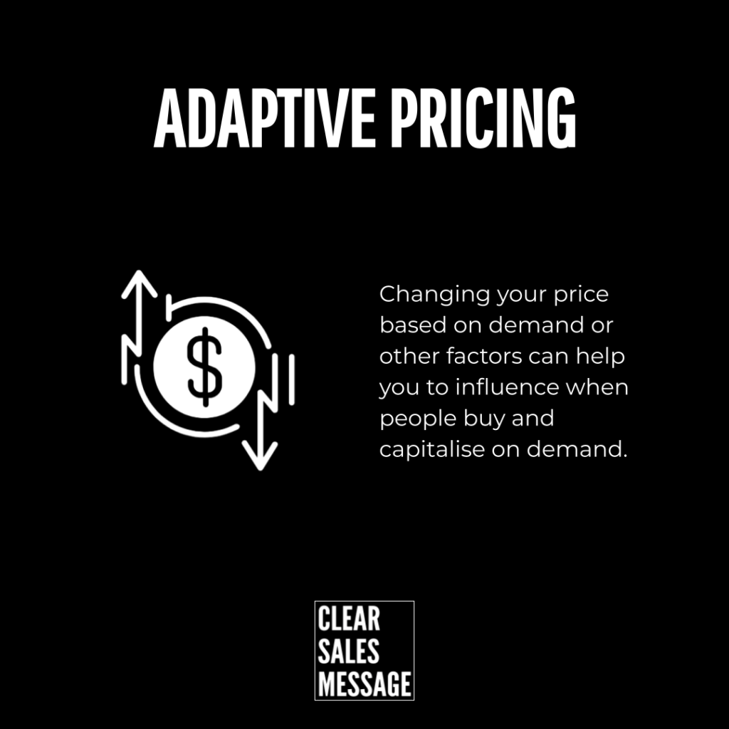 Adaptive pricing slide dollar icon with updown arrows on the left explanatory text on the right clear sales message logo below
