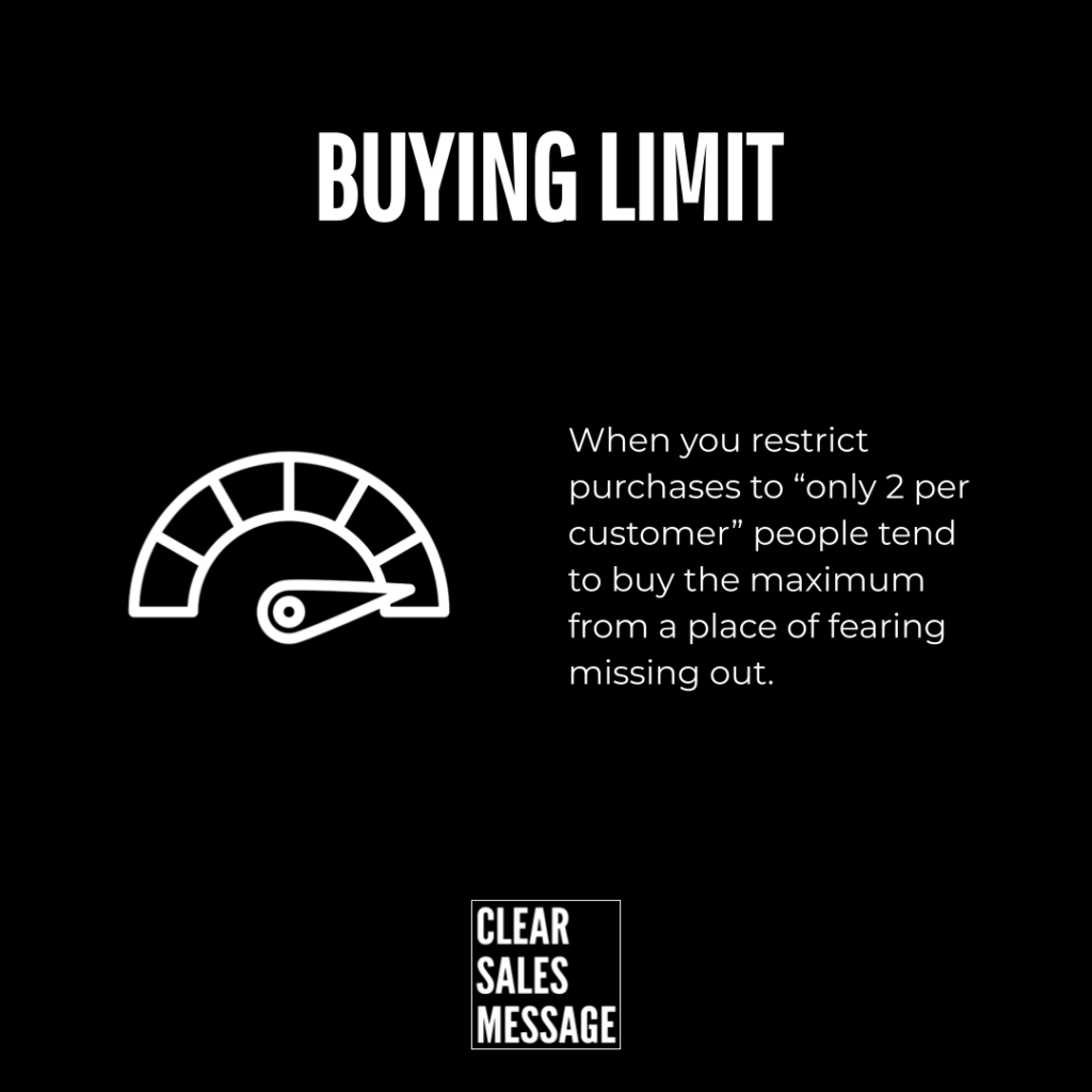 Slide about buying limits speedometer graphic with text explaining restricting purchases to 2 per customer to avoid missing out
