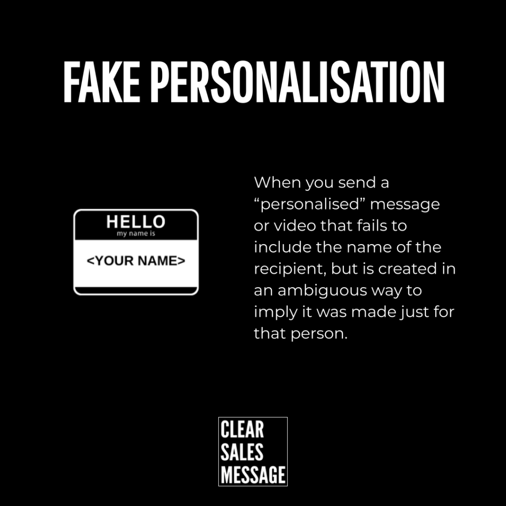 Fake personalisation Poster warning about fake personalisation shows a name badge labeled and text explaining why personalised messages can mislead includes clear sales message logo at bottom