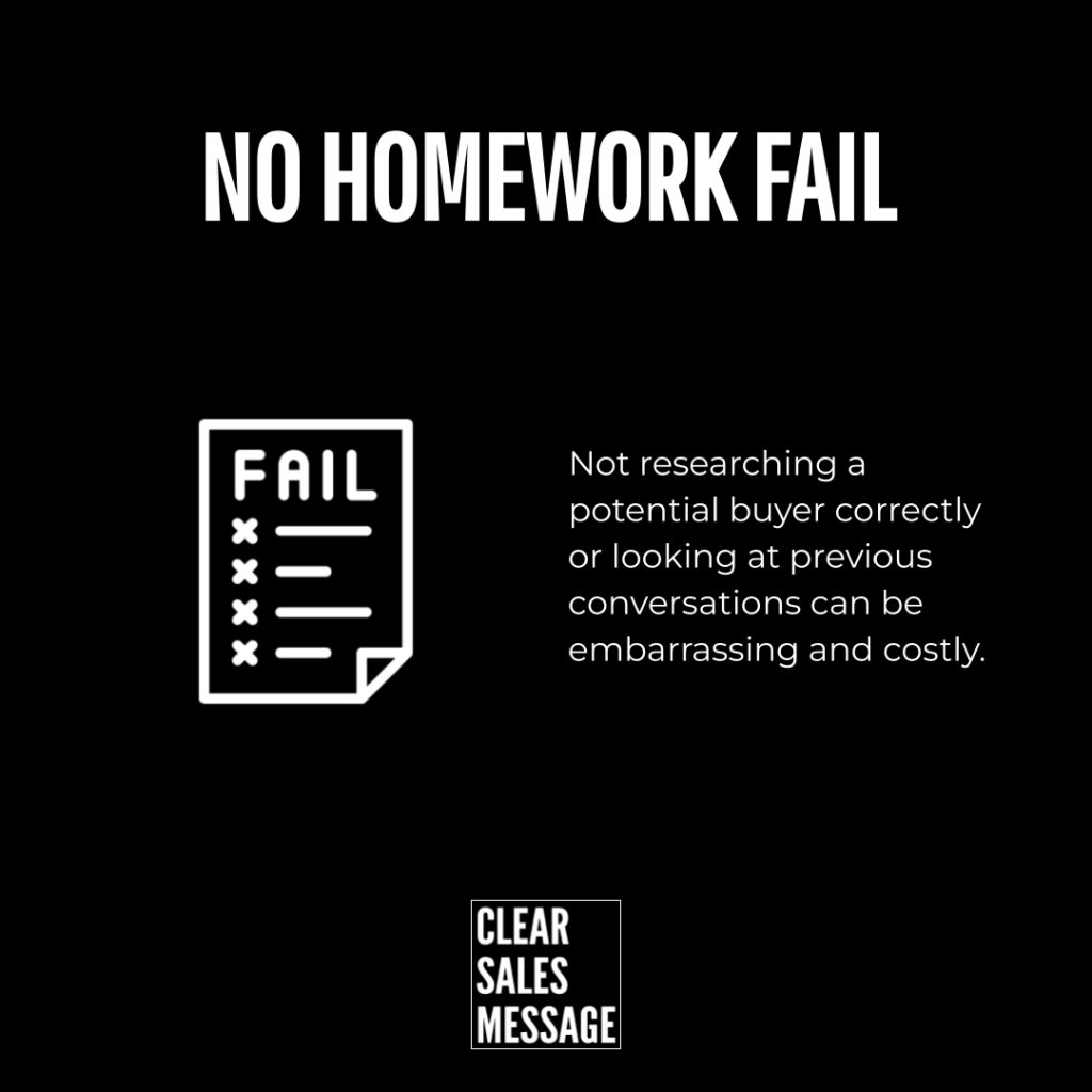 Hero banner with the headline no homework fail a white fail checklist icon on the left and text about not researching buyers small clear sales message logo at bottom center