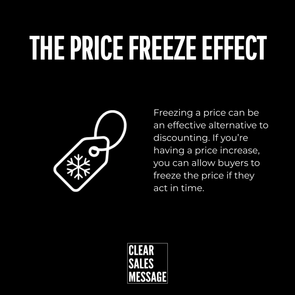 Black background with title the price freeze effect and a white price tag icon includes an explanatory paragraph about freezing prices as an alternative to discounting