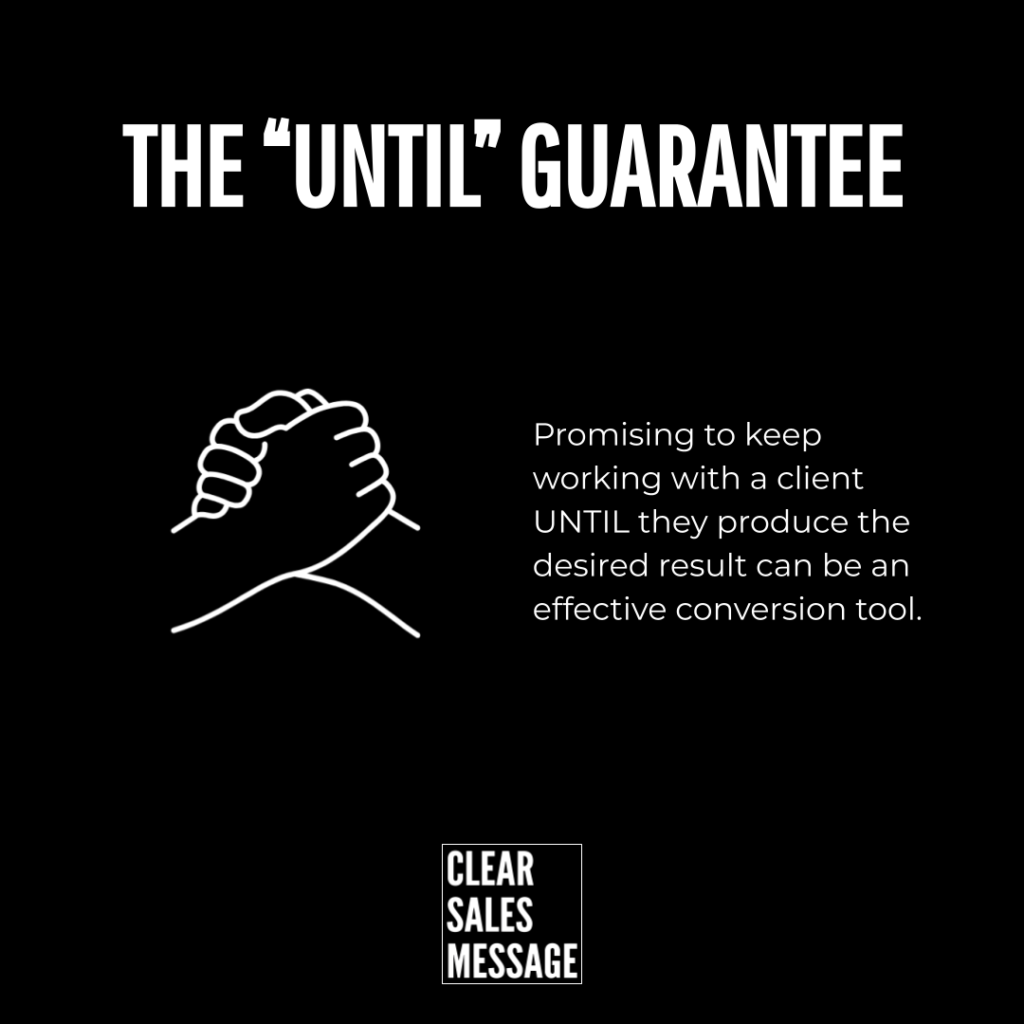 Black promotional graphic with the headline the until guarantee a white line drawing of clasped hands and the slogan about promising to work until the desired result plus a small clear sales message logo at the bottom