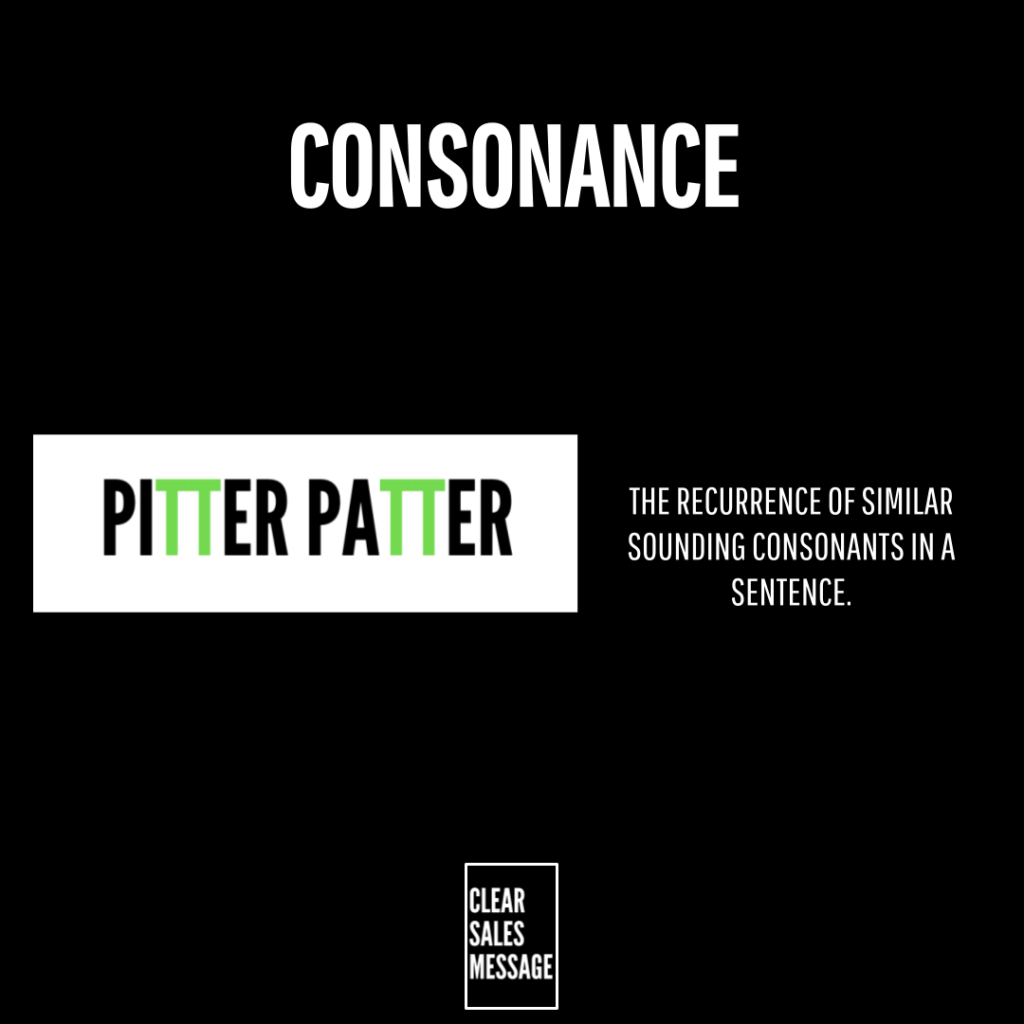 Slide titled consonance showing pitter patter with green accents right side caption defines recurrence of similar sounding consonants bottom logo reads clear sales message