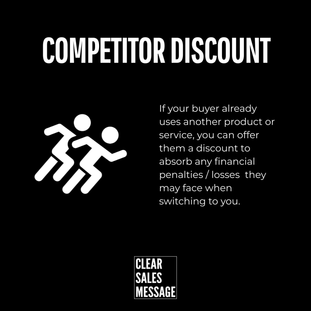 Promotional slide large competitor discount text on black with two white running figures and a paragraph about offering discounts to customers switching from competitors clear sales message logo at bottom