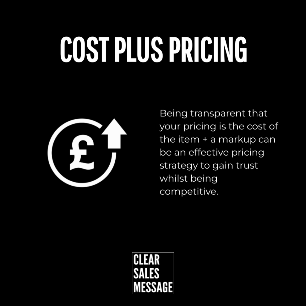 Slide about cost plus pricing bold title at top left a pound symbol inside a circular arrow right side paragraph about transparent pricing bottom logo clear sales message in a box