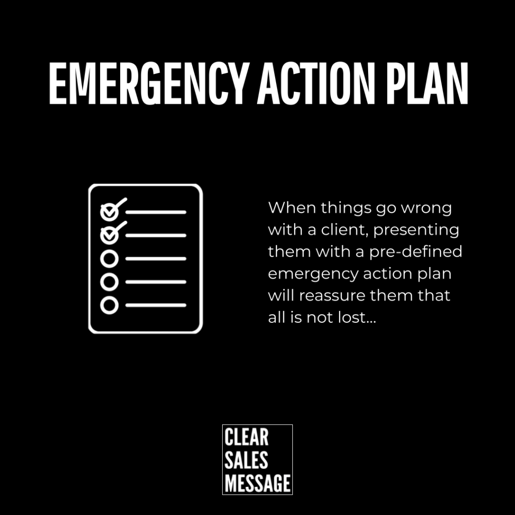 Emergency action plan title with a left white checklist icon and right hand reassurance text on a black background plus a small clear sales message logo at the bottom center