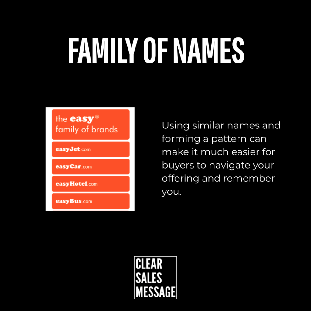 Family of names Infographic slide titled family of names with orange stacked brand blocks on the left and explanatory text on the right over a black background