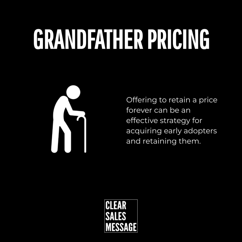 Banner announcing grandfather pricing with an elderly man icon and text about keeping prices forever brand logo at bottom