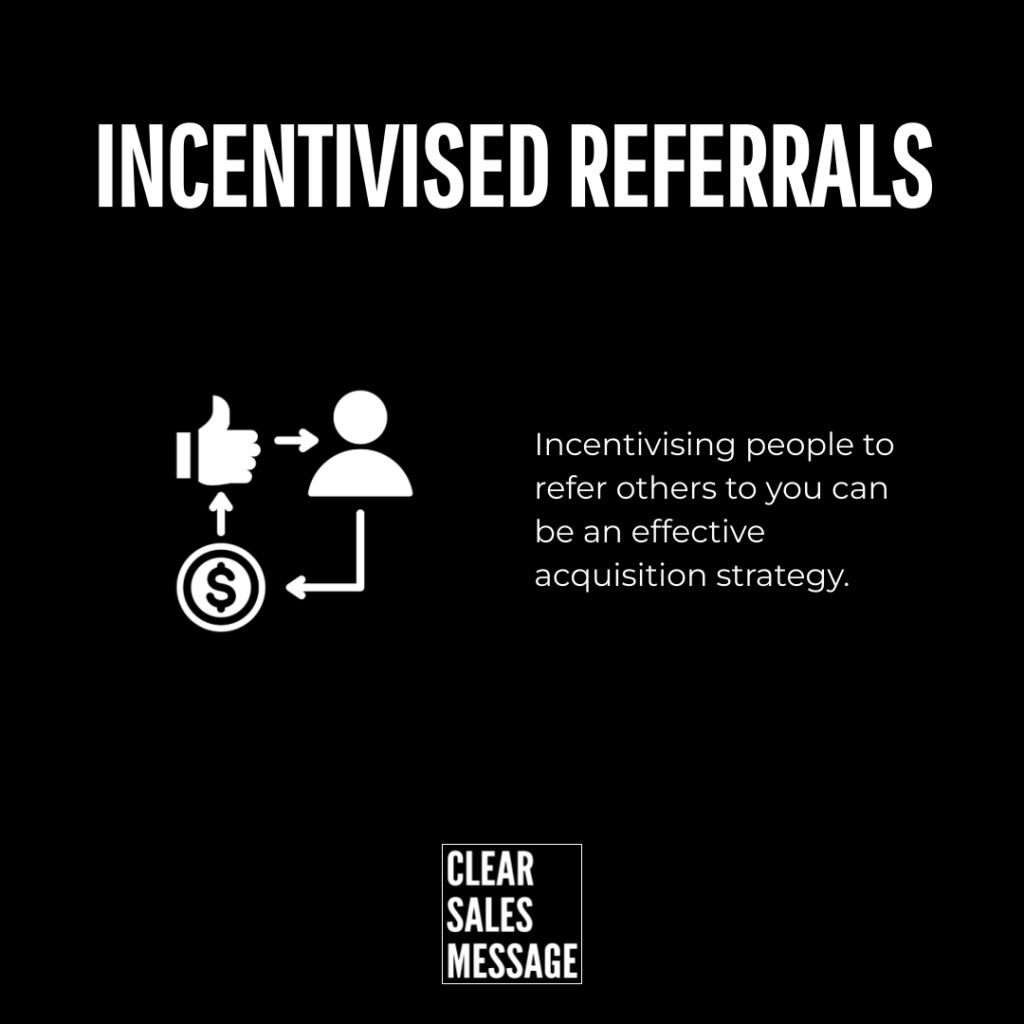 Black promotional slide bold text incentivised referrals with an icon of a thumbs up dollar circle and a person on the left and a paragraph about incentivising referrals on the right bottom shows clear sales message logo