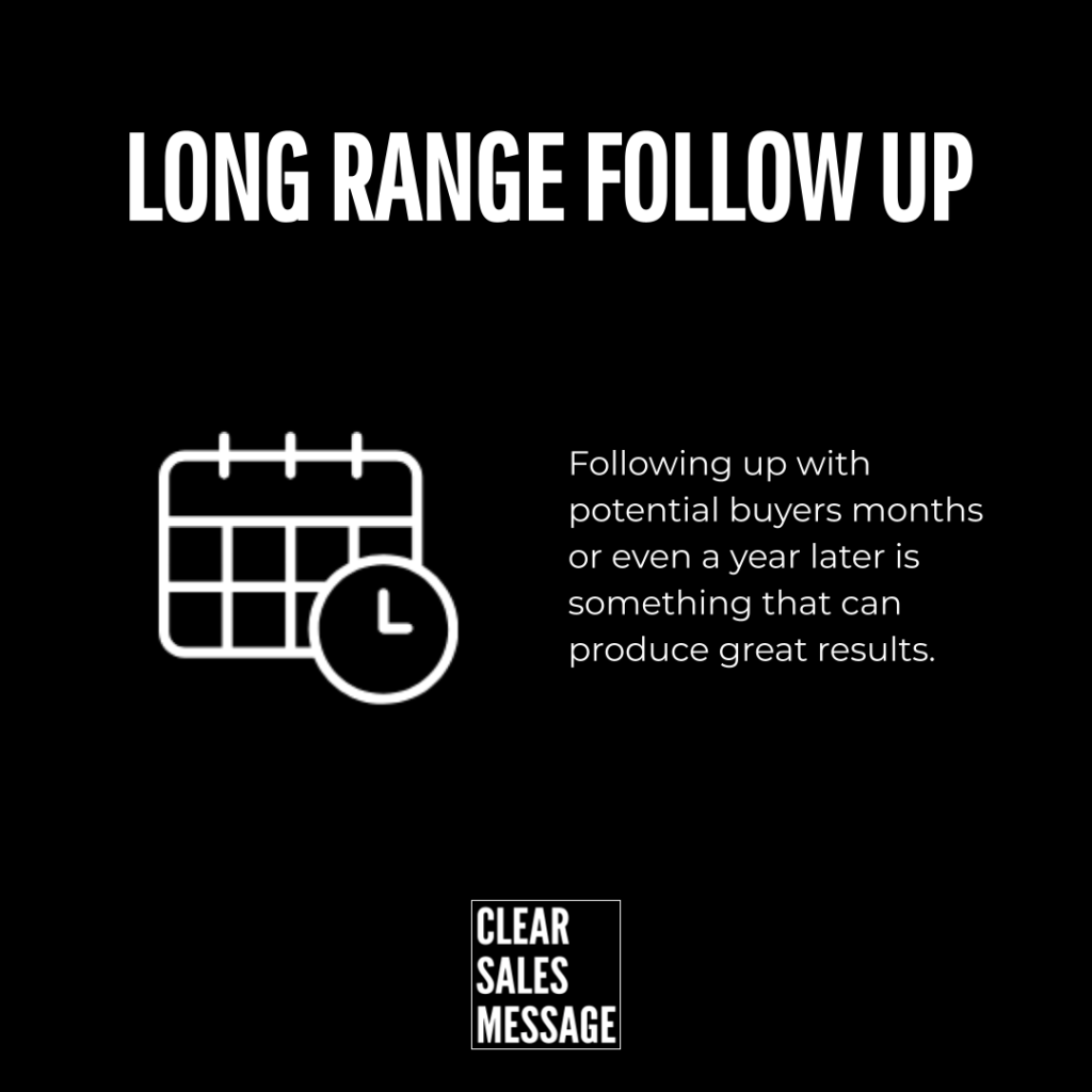 Slide titled long range follow up with a calendar and clock icon beside text about following up with buyers months or a year later