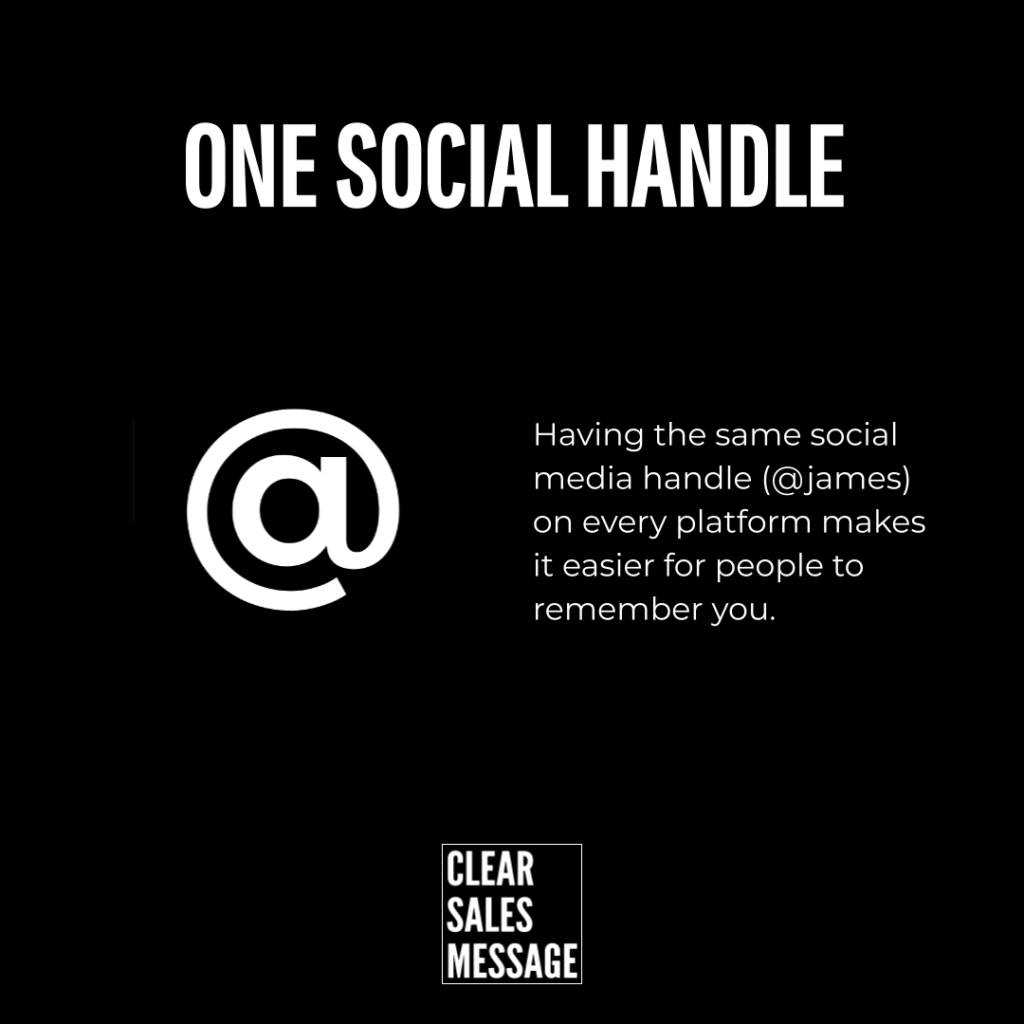 Black marketing graphic explaining one social handle with a large  symbol and paragraph about using the same social handle across platforms to be easier to remember logo reads clear sales message at the bottom